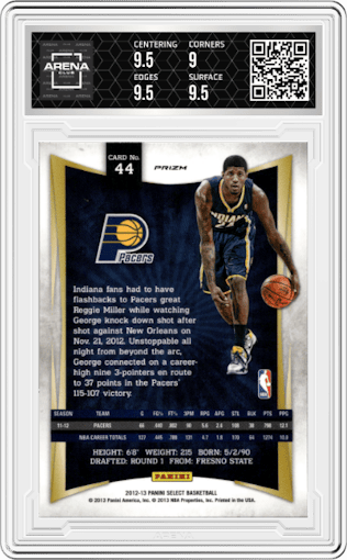 Paul George from the 2012-13 Panini Select set featuring a Prizm parallel graded by Arena Club and given an overall grade of 9.5.