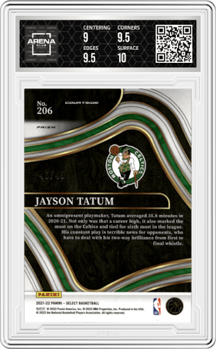 Jayson Tatum from the 2021-22 Panini Select set featuring a Disco Red  parallel graded by Arena Club and given an overall grade of 9.5.