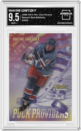 Wayne Gretzky from the 1998-99 O-Pee-Chee Chrome set featuring a Refractor parallel graded by Arena Club and given an overall grade of 9.5.