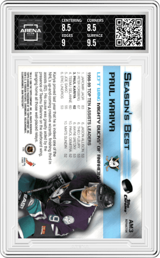 Paul Kariya from the 1999-00 O-Pee-Chee Chrome set featuring a Refractor parallel graded by Arena Club and given an overall grade of 9.