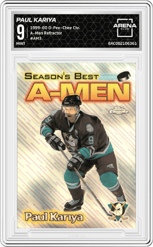 Paul Kariya from the 1999-00 O-Pee-Chee Chrome set featuring a Refractor parallel graded by Arena Club and given an overall grade of 9.