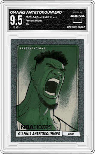 Giannis Antetokounmpo from the 2023-24 Panini NBA Hoops set graded by Arena Club and given an overall grade of 9.5.