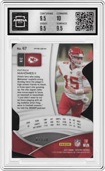 Patrick Mahomes II from the 2021 Panini Spectra set featuring a Die-Cut Neon Green parallel graded by Arena Club and given an overall grade of 10.