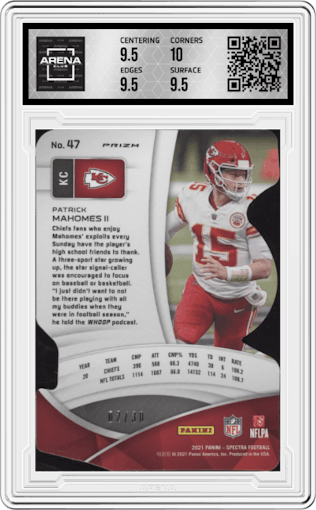 Patrick Mahomes II from the 2021 Panini Spectra set featuring a Die-Cut Neon Green parallel graded by Arena Club and given an overall grade of 10.
