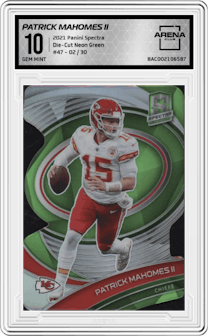 Patrick Mahomes II from the 2021 Panini Spectra set featuring a Die-Cut Neon Green parallel graded by Arena Club and given an overall grade of 10.