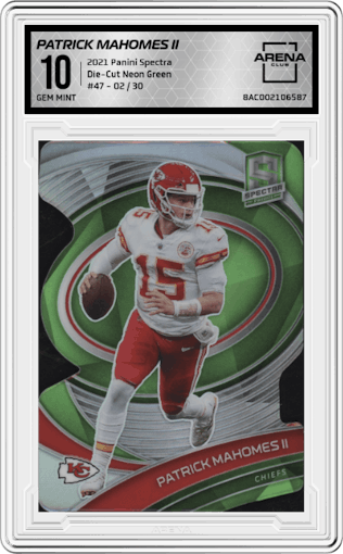 Patrick Mahomes II from the 2021 Panini Spectra set featuring a Die-Cut Neon Green parallel graded by Arena Club and given an overall grade of 10.