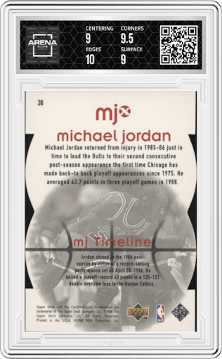 Michael Jordan from the 1998 Upper Deck MJx set featuring a Red parallel graded by Arena Club and given an overall grade of 9.5.