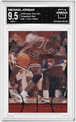 Michael Jordan from the 1998 Upper Deck MJx set featuring a Red parallel graded by Arena Club and given an overall grade of 9.5.
