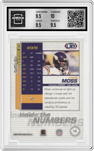 Randy Moss from the 2002 Pacific Heads Up set graded by Arena Club and given an overall grade of 10.