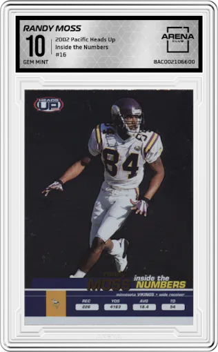 Randy Moss from the 2002 Pacific Heads Up set graded by Arena Club and given an overall grade of 10.