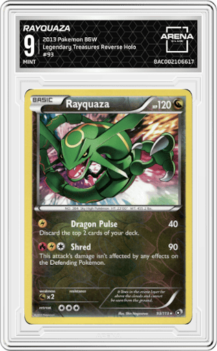 Rayquaza from the 2013 Pokemon B&W set graded by Arena Club and given an overall grade of 9.