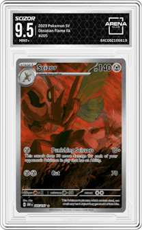 Scizor from the 2023 Pokemon SV set graded by Arena Club and given an overall grade of 9.5.