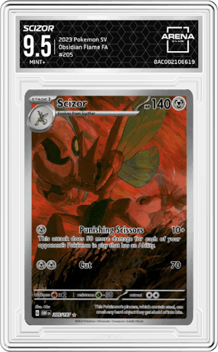 Scizor from the 2023 Pokemon SV set graded by Arena Club and given an overall grade of 9.5.
