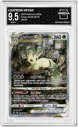 Leafeon VSTAR from the 2023 Pokemon SWSH set graded by Arena Club and given an overall grade of 9.5.