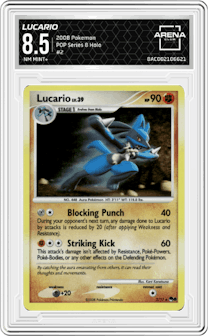 Lucario from the 2008 Pokemon set graded by Arena Club and given an overall grade of 8.5.