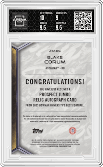 Blake Corum from the 2023 Bowman University's Best  set graded by Arena Club and given an overall grade of 9.5.
