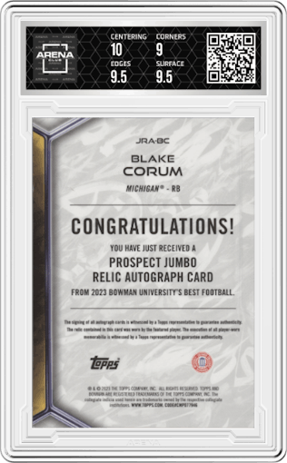 Blake Corum from the 2023 Bowman University's Best  set graded by Arena Club and given an overall grade of 9.5.