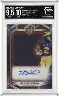 Blake Corum from the 2023 Bowman University's Best  set graded by Arena Club and given an overall grade of 9.5.