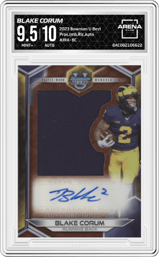 Blake Corum from the 2023 Bowman University's Best  set graded by Arena Club and given an overall grade of 9.5.