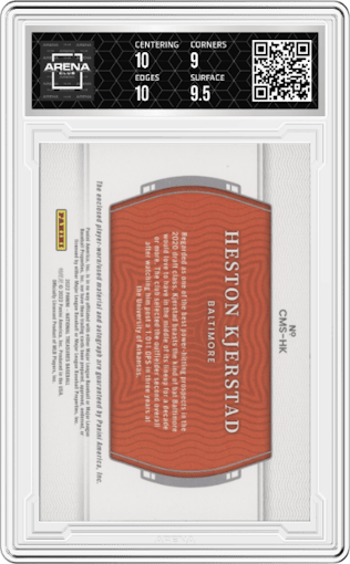 Heston Kjerstad from the 2022 Panini National Treasures set featuring a Gold parallel graded by Arena Club and given an overall grade of 9.5.
