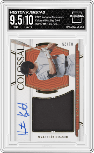 Heston Kjerstad from the 2022 Panini National Treasures set featuring a Gold parallel graded by Arena Club and given an overall grade of 9.5.