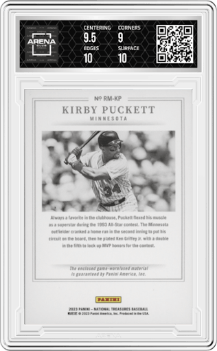 Kirby Puckett from the 2023 Panini National Treasures set graded by Arena Club and given an overall grade of 9.5.