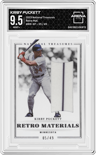 Kirby Puckett from the 2023 Panini National Treasures set graded by Arena Club and given an overall grade of 9.5.