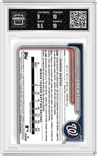 Dylan Crews from the 2024 Bowman set featuring a Lunar Glow Refractor parallel graded by Arena Club and given an overall grade of 9.5.