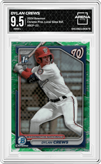 Dylan Crews from the 2024 Bowman set featuring a Lunar Glow Refractor parallel graded by Arena Club and given an overall grade of 9.5.