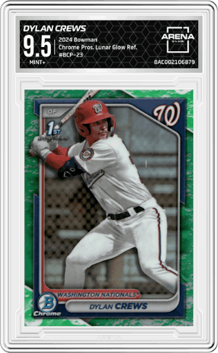 Dylan Crews from the 2024 Bowman set featuring a Lunar Glow Refractor parallel graded by Arena Club and given an overall grade of 9.5.