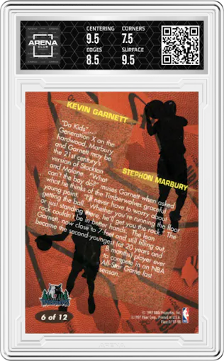 Kevin Garnett/Stephon Marbury from the 1997-98 Fleer set graded by Arena Club and given an overall grade of 8.