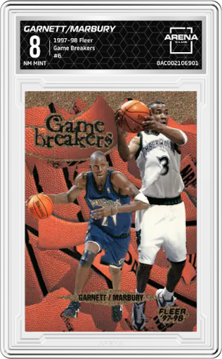 Kevin Garnett/Stephon Marbury from the 1997-98 Fleer set graded by Arena Club and given an overall grade of 8.