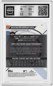 Brandon Crawford from the 2023 Topps Finest set featuring a Red/Black Vapor Refractor parallel graded by Arena Club and given an overall grade of 10.