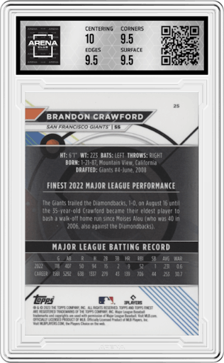 Brandon Crawford from the 2023 Topps Finest set featuring a Red/Black Vapor Refractor parallel graded by Arena Club and given an overall grade of 10.