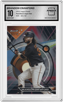 Brandon Crawford from the 2023 Topps Finest set featuring a Red/Black Vapor Refractor parallel graded by Arena Club and given an overall grade of 10.
