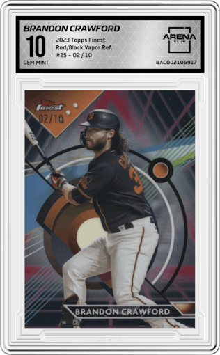 Brandon Crawford from the 2023 Topps Finest set featuring a Red/Black Vapor Refractor parallel graded by Arena Club and given an overall grade of 10.