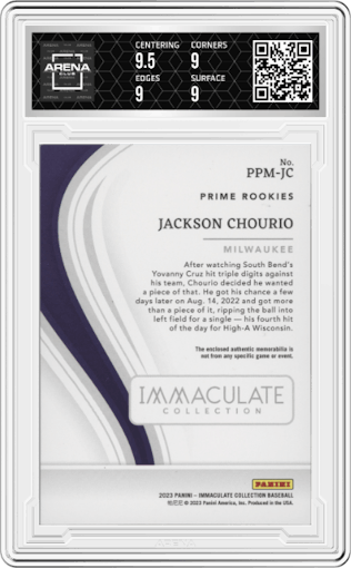 Jackson Chourio from the 2023 Panini Immaculate Collection set graded by Arena Club and given an overall grade of 9.