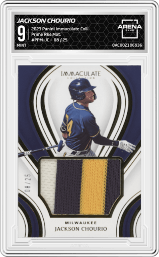 Jackson Chourio from the 2023 Panini Immaculate Collection set graded by Arena Club and given an overall grade of 9.