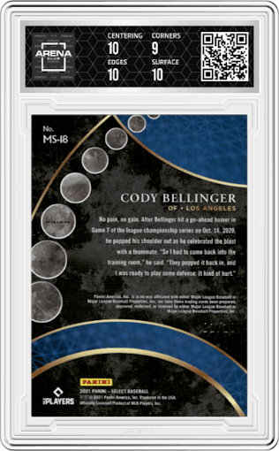 Cody Bellinger from the 2021 Panini Select set featuring a Gold parallel graded by Arena Club and given an overall grade of 9.5.