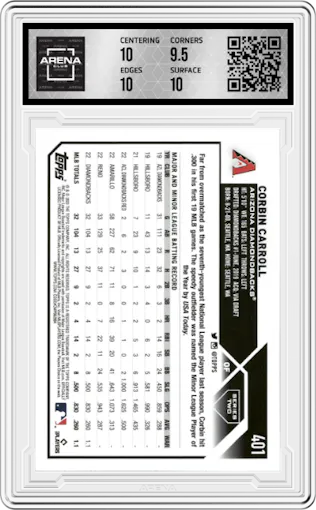 Corbin Carroll from the 2023 Topps Series 2 set graded by Arena Club and given an overall grade of 10.