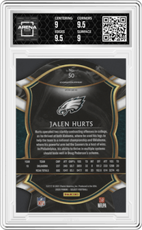 Jalen Hurts from the 2020 Panini Select set featuring a Die-Cut Purple parallel graded by Arena Club and given an overall grade of 9.5.