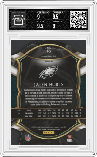 Jalen Hurts from the 2020 Panini Select set featuring a Die-Cut Purple parallel graded by Arena Club and given an overall grade of 9.5.