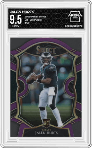 Jalen Hurts from the 2020 Panini Select set featuring a Die-Cut Purple parallel graded by Arena Club and given an overall grade of 9.5.