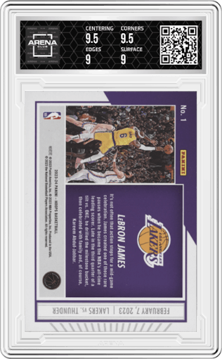 LeBron James from the 2023-24 Panini NBA Hoops set graded by Arena Club and given an overall grade of 9.5.