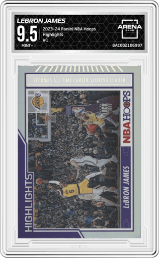 LeBron James from the 2023-24 Panini NBA Hoops set graded by Arena Club and given an overall grade of 9.5.