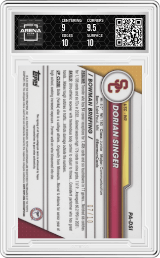 Dorian Singer from the 2023 Bowman University Chrome Sapphire set featuring a Black Sapphire parallel graded by Arena Club and given an overall grade of 9.5.