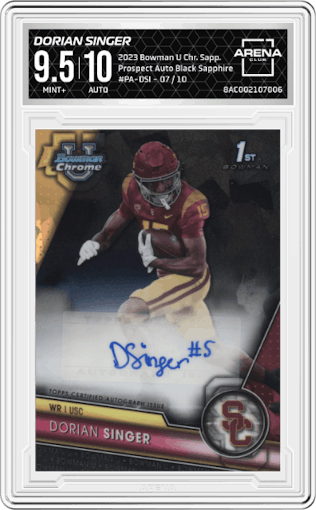 Dorian Singer from the 2023 Bowman University Chrome Sapphire set featuring a Black Sapphire parallel graded by Arena Club and given an overall grade of 9.5.