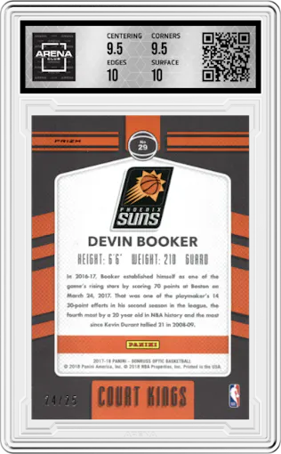 Devin Booker from the 2017-18 Panini Donruss Optic set featuring a Pink parallel graded by Arena Club and given an overall grade of 10.
