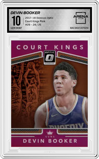 Devin Booker from the 2017-18 Panini Donruss Optic set featuring a Pink parallel graded by Arena Club and given an overall grade of 10.