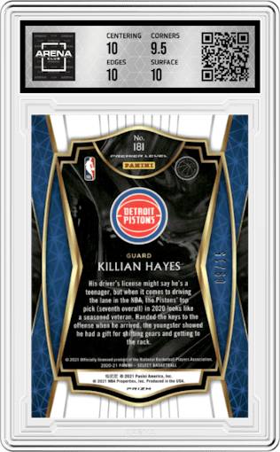 Killian Hayes from the 2020-21 Panini Select  set featuring a Neon Orange Pulsar parallel graded by Arena Club and given an overall grade of 10.